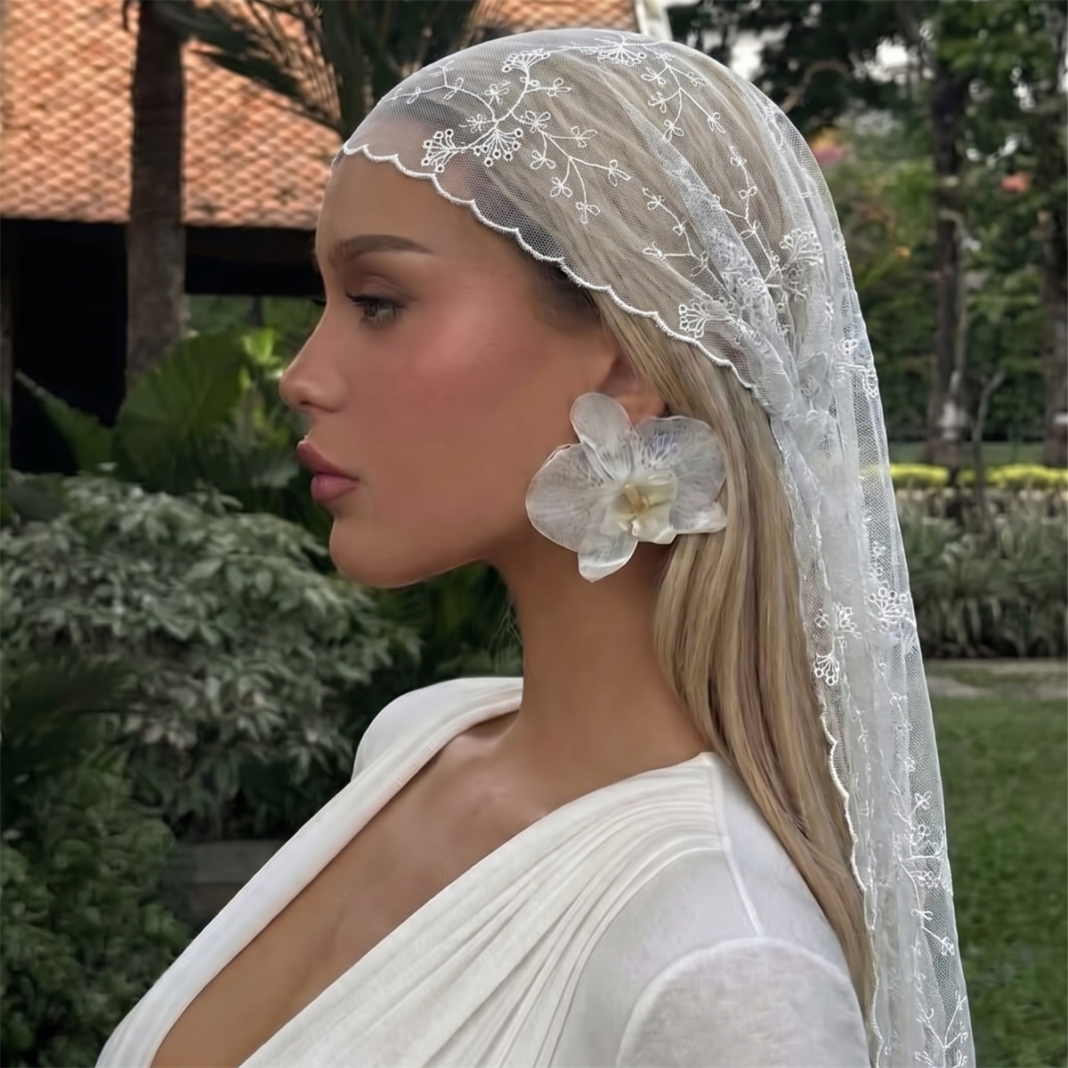 Weißer Blumen-Spitzen-Mesh-Kop – Head Wrap Turban Bewertung und Preis